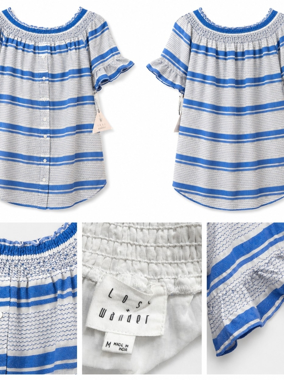 Lost + Wander Blue and White Striped Off-Shoulder Blouse
